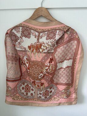 WENSLI 100% Pure Mulberry Silk Square Scarf Camels & Horses Pink Beige